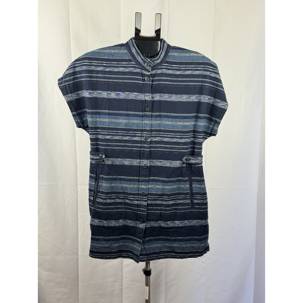 Pendleton Petite Sâ Blue Stripe Linen Cotton Shirt Dress Button Front Pockets